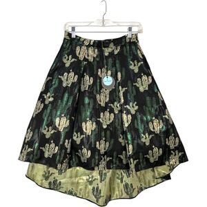 NWT Eva Franco Cactus Print High Low Midi Skirt Metallic Black Green Gold Sz 6